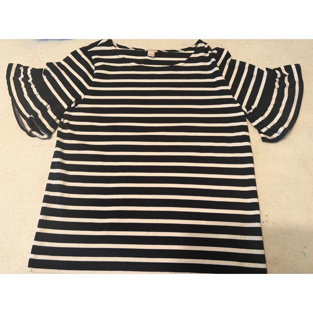.Crew Medium Striped Bell Sleeve Top Black White 100% Cotton